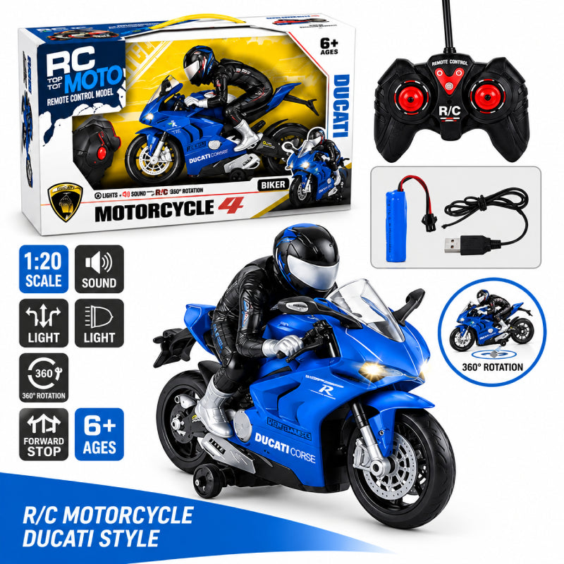 R/C Ducati-Style Motorcycle with Rider – Lights, Sound & 360° Stunt Action